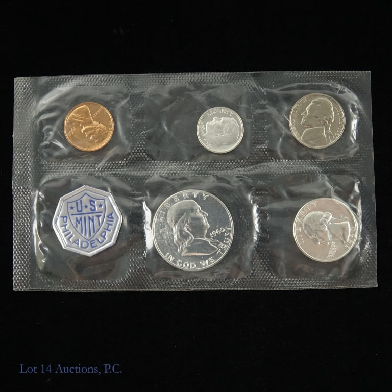 1960 (P) USA 5-Coin Silver Proof Set in OGP: 1960 United States silver 5-coin proof set (Philadelphia Mint) in its originally sealed blister pack. Half dollar, quarter and dime metal is 90% silver. Mintage is 1,691,602. *** Lot 14 Auctions is no