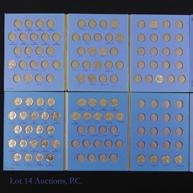 USA Jefferson 35%-Silver WW2 & Nickel 5c Coins: Four (4) United States Jefferson nickel folders and two bags of loose nickels. Folder summary: ---1938 to 1959 folder; ---1938 to 1961 folder; ---1962+ folder; and ---1962+ folder. Lower mintage nicke