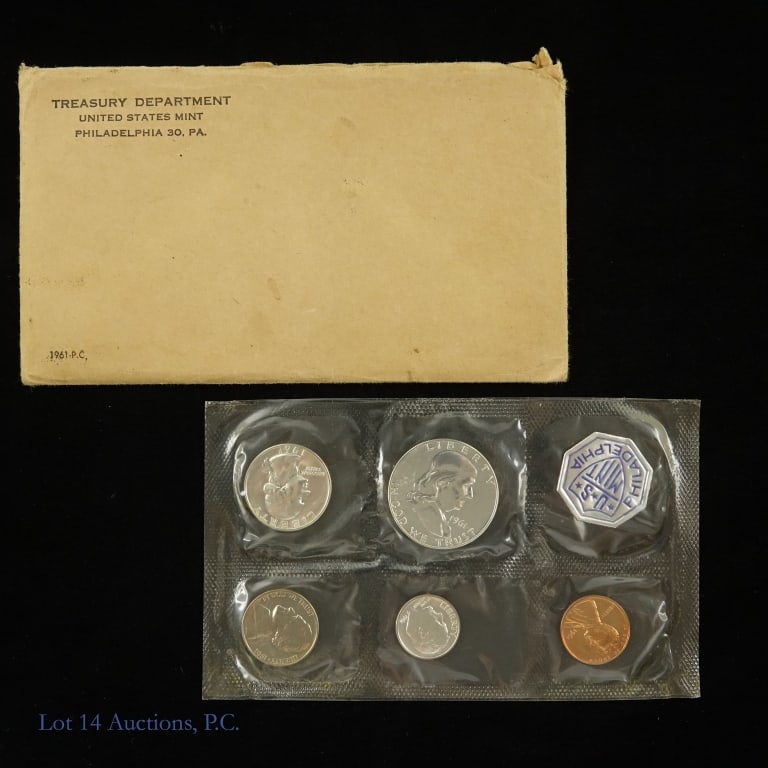 1961 (P) USA 5-Coin Silver Proof Set in OGP: 1961 United States silver 5-coin proof set (Philadelphia Mint) in OGP with inspection notice from US Mint. Half dollar, quarter and dime metal is 90% silver. Mintage is 3,028,244. *** Lot 14 Auctions 