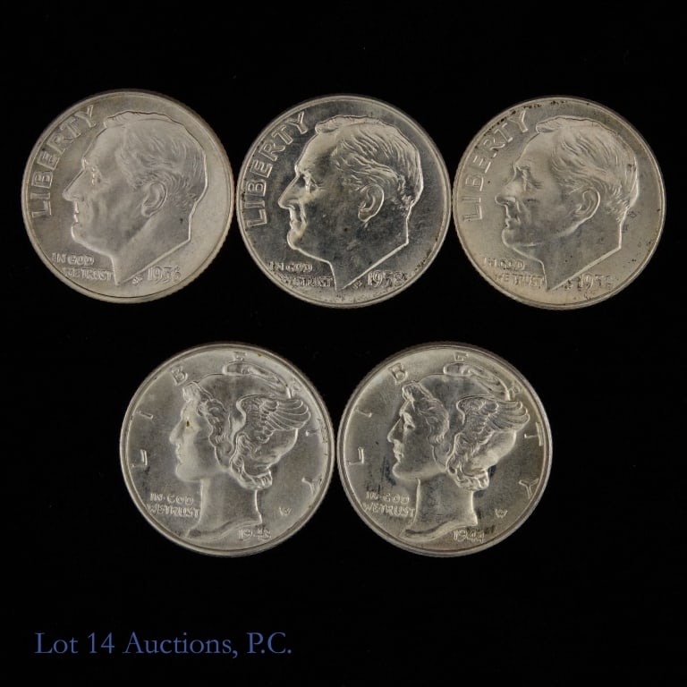 1943 - 1958 USA 90%-Silver Dimes (CH to GEM BU), 5: Five (5) United States 90%-silver mercury and Roosevelt dimes (Philadelphia, Denver Mints). Per consigner, in CH to GEM BU condition all with great luster as follows: ---1943 (P) Mercury 10c GEM BU; -