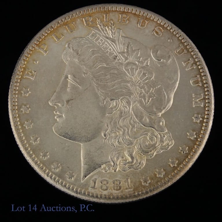 1881-S USA Silver Morgan Dollar (BU): 1881-S United States silver Morgan dollar (San Francisco Mint). Designer is George T. Morgan. Per consigner, in BU condition with slight toning around edges in good overall even luster. Metal is 90% s