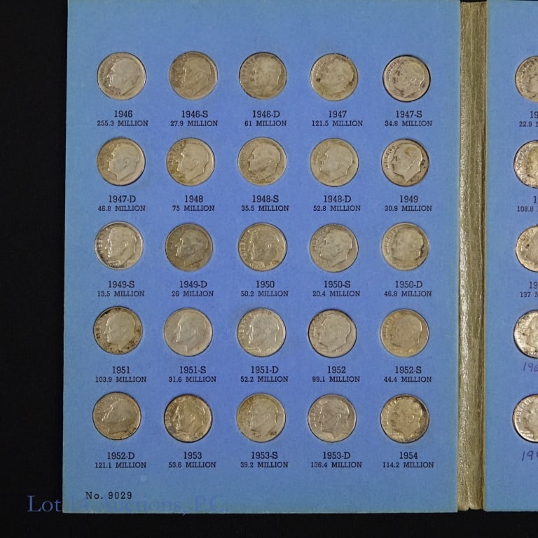 1946 - 1970s USA Silver & Clad Roosevelt 10c (71): Seventy-one (71) United States 90%-silver and clad Roosevelt dimes (Philadelphia, Denver, San Francisco Mints) in blue Whitman folder. Estimated ASW is 3.4 troy ounces. Lot summary: ---1946 - 1964 90%