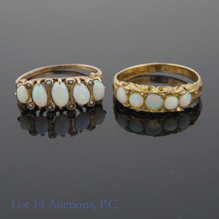 14K & 10 K Y Gold Opal Rings: Two (2) rings: Yellow gold ring with 5 round opals. Many of the marks are missing ("R" date mark remains), but tests electronically as 14 karat gold. Size 3.75. Total weight: 1.75 grams. **** Yellow g