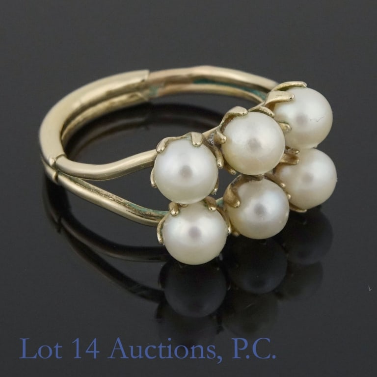 14K Y Gold Pearl Ring ***: Yellow gold ring. No marks detected on ring, but measures electronically as 14 karat gold. Pearls not tested. Ring repaired or resized. Cuff is marked as gold filled. Size 7.25 - 7.5. Total weight: 3.