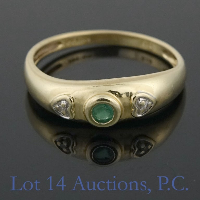 14K / 585 Y Gold Diamond Ring: Yellow gold ring. Marked "585" and "KN 14K". Tests electronically for 14 karat gold. Central stone electronically tests as aquamarine or peridot. Two accessory stones test electronically as diamond. S
