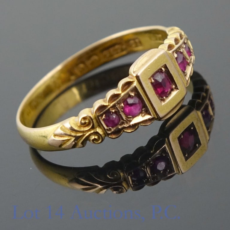 15K Y Gold Spinel Ring: Yellow gold ring. Marked "B&M", "15", ".625" with an anchor and lowercase "e" inside an octagon. Research indicates this may be Baldwin & Marriott. Stones test electronically as spinel. Size: 8.25. To