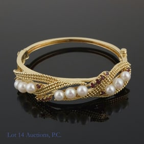 14K Y Gold Garnet Pearl (?) Cuff Bracelet