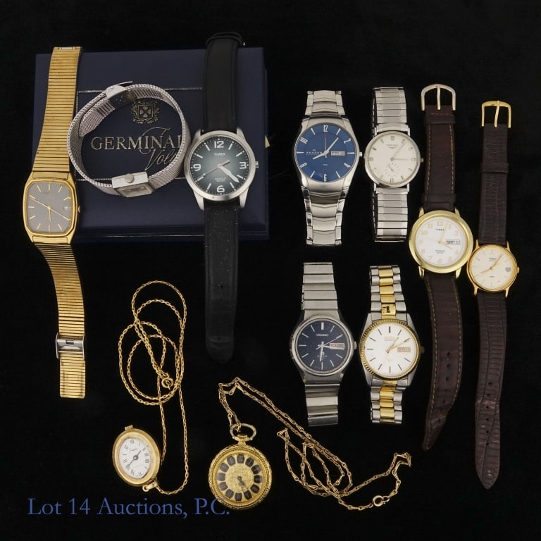 Longines & More Wrist (9) and Pendant Watches (2): 9 Wrist watches - includes a men's Longines automatic with sub-second hand (Running, but untested and not serviced). Woman's Germinal Voltaire in original box. 3 Timex men's watches, Skagen men's watc