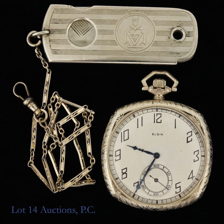 Elgin 345 Pocket Watch - 14K / 585 White Gold Case: Elgin pocket watch. Working, but we have not confirmed if it keeps time. Grade 345, Model 3, Class 114. Circa 1924. Movement No. 26968158. Size: 12s. 17 jewels (rubies and sapphires). Roy case marked 