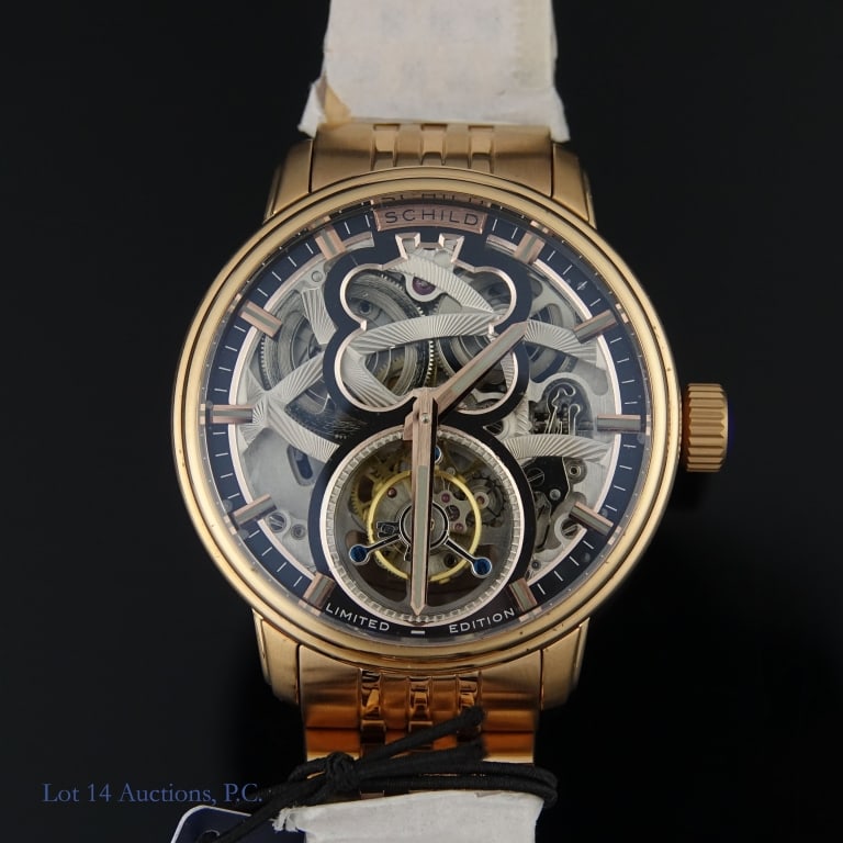 Schild Maximillian Tourbillon Ltd Ed Watch NIB: Schild Maximillian Tourbillon Limited Edition Watch in rose gold, new in original packaging. Watch is on a metal band, but a spare leather band is included in the box, as well as a Fold & Double 30x30