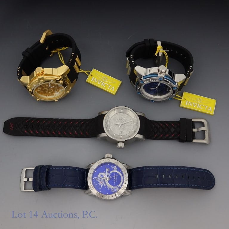 Dragon Themed Watches - Invicta & Android (4): Four watches with a dragon theme, all new or lightly used. Three are from Invicta watches: a model no. 25778, a model no. 25777, and an S1 Rally model no. 15862. The fourth watch is from Android (now