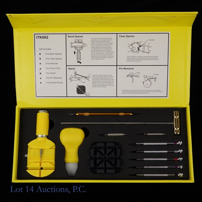 New Invicta ITK002 Multi Function Watch Tool Set: Invicta ITK002 Multi Function Watch Tool Set. Set includes: one band opener, one case opener, one hammer, two punch pins, one stand, one pin remover, and five screw drivers. Box containing tools has s