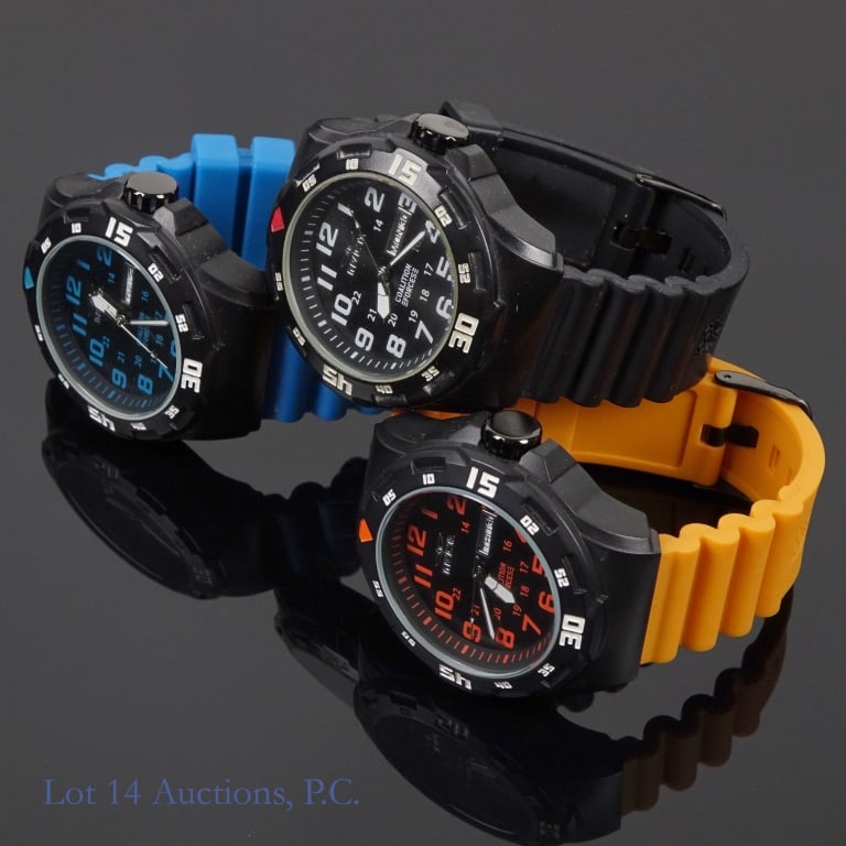 Invicta Coalition Forces Watches (3): Three new or lightly used watches from Invicta's Coalition Forces Field Tested line. The first is a model no. 25323 in black. The second is a model no. 25329 in orange. The third is a model no. 25330 