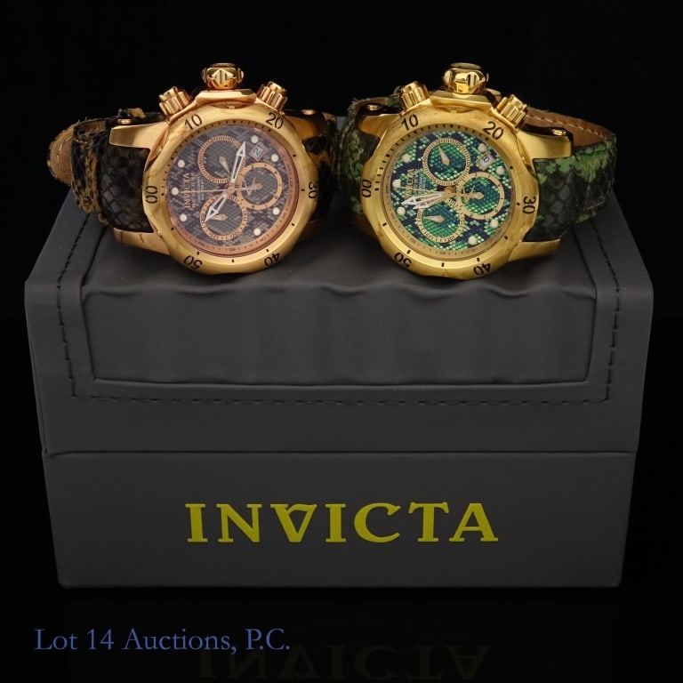 Two Invicta Venom Watches: Two worn watches from Invicta's Venom line. The first is a green model no. 14968, and the second is a brown model no. 14970. Each have a leather band designed to resemble snakeskin.