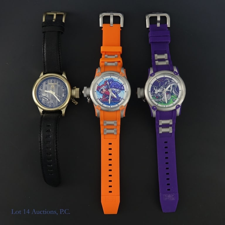 Invicta 1959 Russian Diver Ltd Ed Watches (3): Three new or lightly used Invicta 1959 Russian Diver watches. The first is an Artist Series "Bad Dog App" 068-777, model no. 14633. The second is an Artist Series " Ain't Love Grand 598-777, model no.