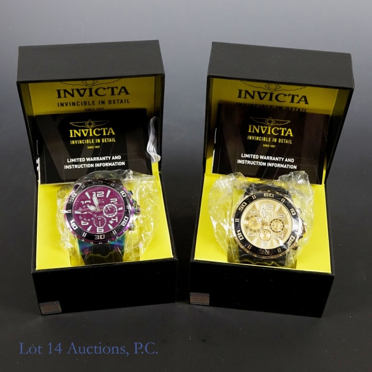 Invicta Pro Diver Watches NIB (2): Two new Invicta brand Pro Diver watches in their original packaging, boxes included. One is a model no. 37756 in black and gold, the other is a model no. 37753 in black with a holographic finish.