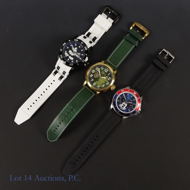 Invicta Collectible Mickey Mouse Watches (3): Three mostly new Invicta brand watches in limited edition Mickey Mouse themed styles. The first one is model no. 42267, 0176/3000. The second is model no. 23765, 1388/3000. The third is model no. 2379