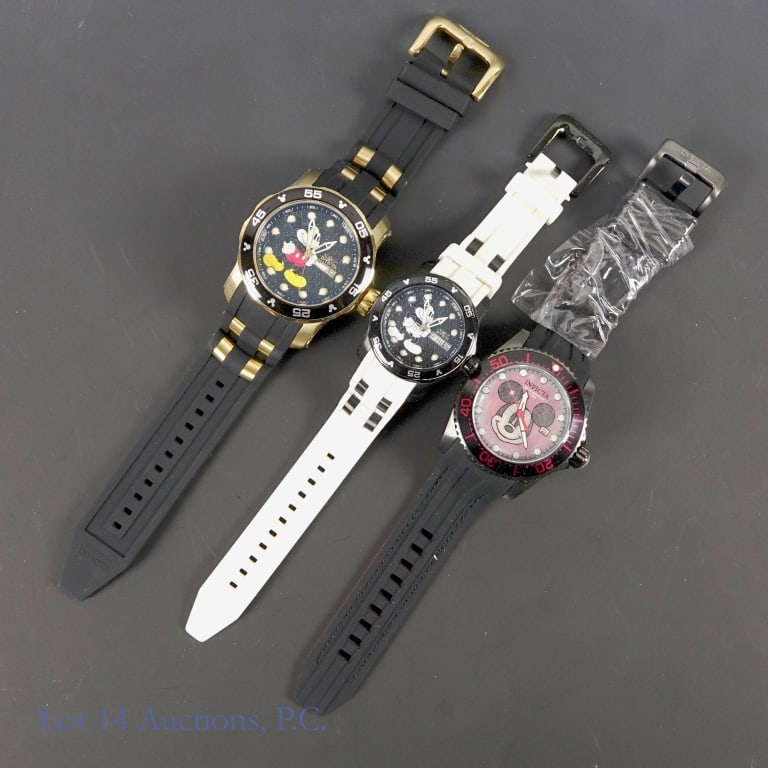 Invicta Collectible Mickey Mouse Watches (3): Three mostly new Invicta brand watches in limited edition Mickey Mouse themed styles. The first one is model no. 23772, 1174/3000. The second one is model no. 22752, 0400/1500. The third is model no.