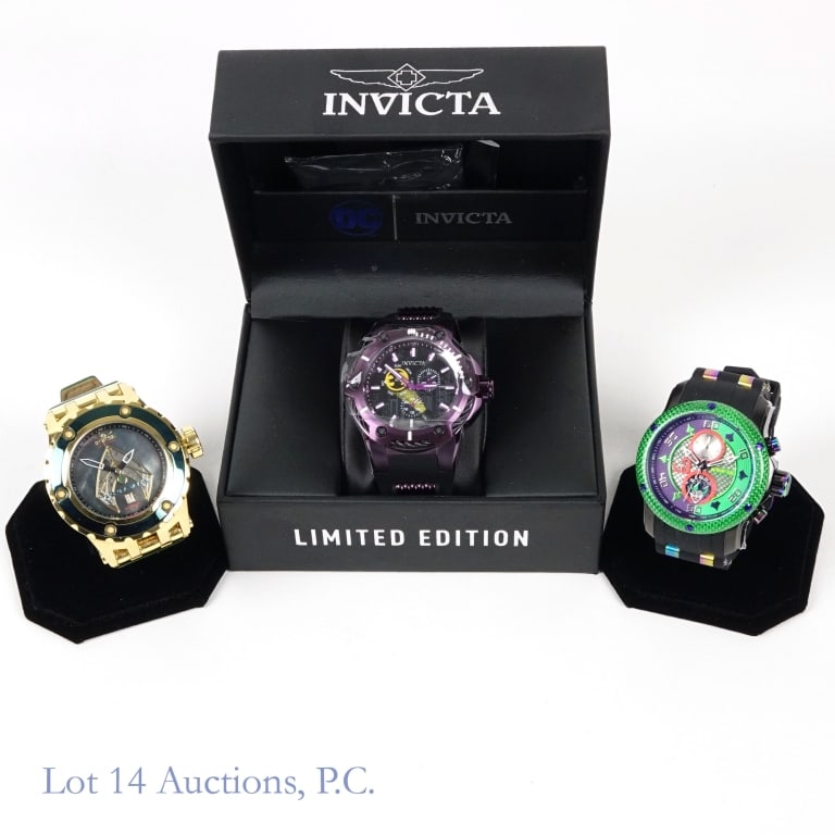 Invicta Collectible DC Superhero Watches (3): Three new or very lightly used watches from Invicta in various limited edition DC superhero themed styles. The first is Aquaman themed, model no. 36573, ltd ed 0089/4000. The second is Joker themed, m