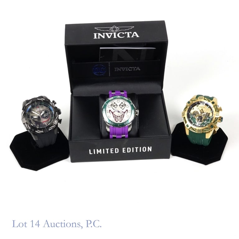 Invicta Collectible DC Superhero Watches (3): Three new or very lightly used watches from Invicta in various limited edition DC superhero themed styles. The first is Aquaman themed, model no. 35120, ltd ed 0354/4000. The second is Batman themed,