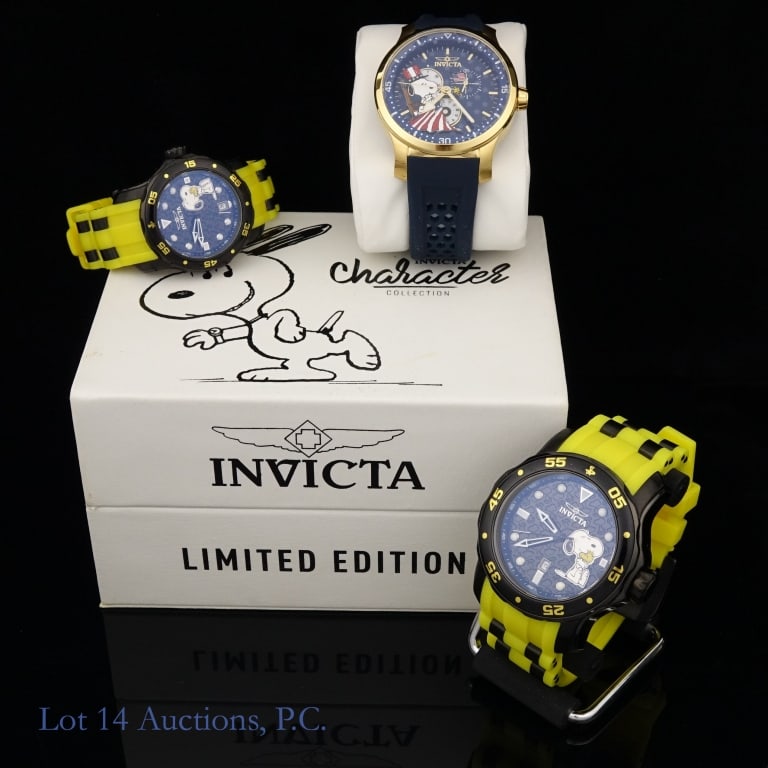 Three Invicta Peanuts / Snoopy Watches: Three new or lightly used watches from Invicta's Character Collection, all themed around Snoopy from Peanuts, all limited edition. Two are the same design. The first is a 38mm model no. 24941, 0303/50