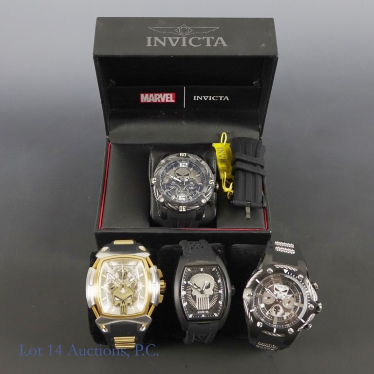 Invicta Collectible Punisher Watches (4): Four mostly new Invicta brand watches in limited edition Punisher themed styles. The first one is model no. 33163, 1276/4000. This one has its original Marvel themed box. The strap is detached from th