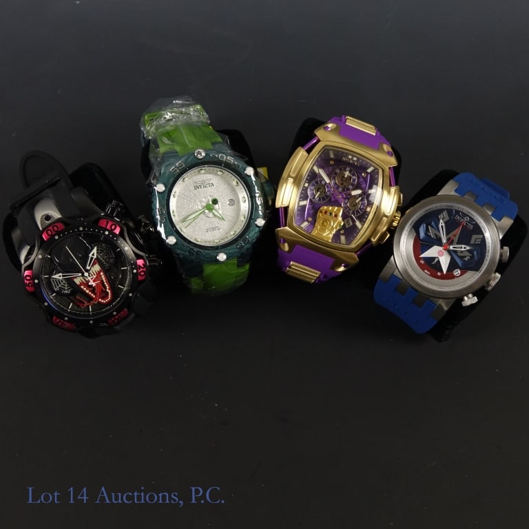 Invicta Collectible Marvel Superhero Watches (4): Four mostly new Invicta brand watches in various limited edition Marvel superhero themed styles. The first is a Captain America watch, model no. 34683, 0129/3000. The second is a Venom themed watch, m