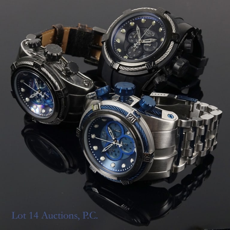 Invicta Bolt Zeus Watches (3): Three new or lightly used watches from Invicta's Bolt Zeus line. The first is a model no. 14940 in black. It has a broken strap. The second 15970 in black and blue, ltd ed 0484/1000. The third is a mo