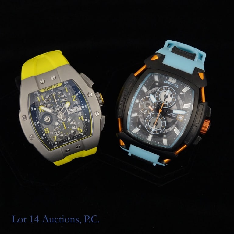 Invicta S1 Diablo Watches (2): Two lightly used S1 Rally/Diablo watches from Invicta. The first is a model no. 45393 in yellow and grey, ltd ed 0023/1000. The other is a model no. 34509 in blue, black, and orange.
