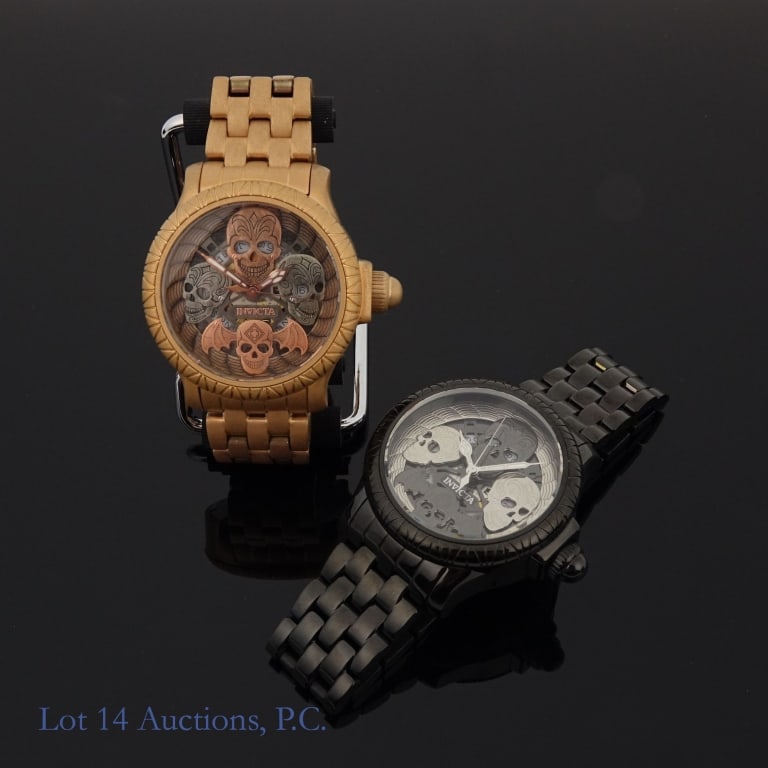Two Invicta Artist Series Skull Watches: Two new watches from Invicta's Artist Series with a matching skull design. One is a black model no. 21750, and the other is a rose gold model no. 19859.