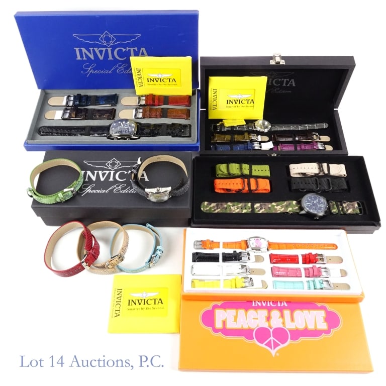 Invicta Special Edition Watches w/ Extra Bands (5): Five Invicta watches new in original packaging. One Coalition Forces watch, model no. 33562 on a camo band. Four extra bands are included: black, beige, green, and orange. One is Lupah The Last Word,