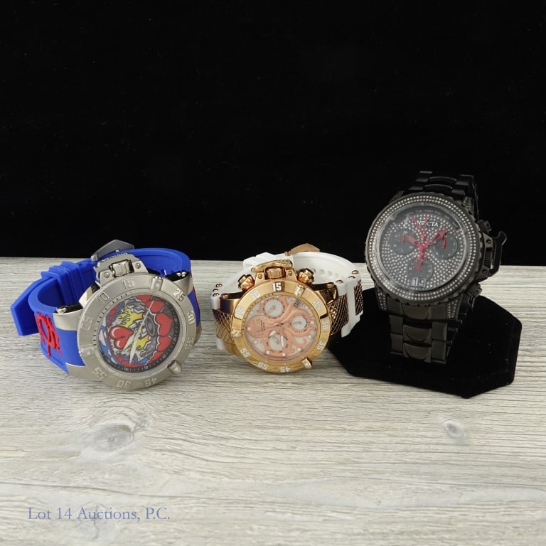 Invicta Subaqua Watches (3): Invicta brand Subaqua "Best Under Pressure" watches in new or very lightly used condition. The first is a Noma III model no. 28747 in white, pink, and gold. The second is a Noma III Artist Series mode