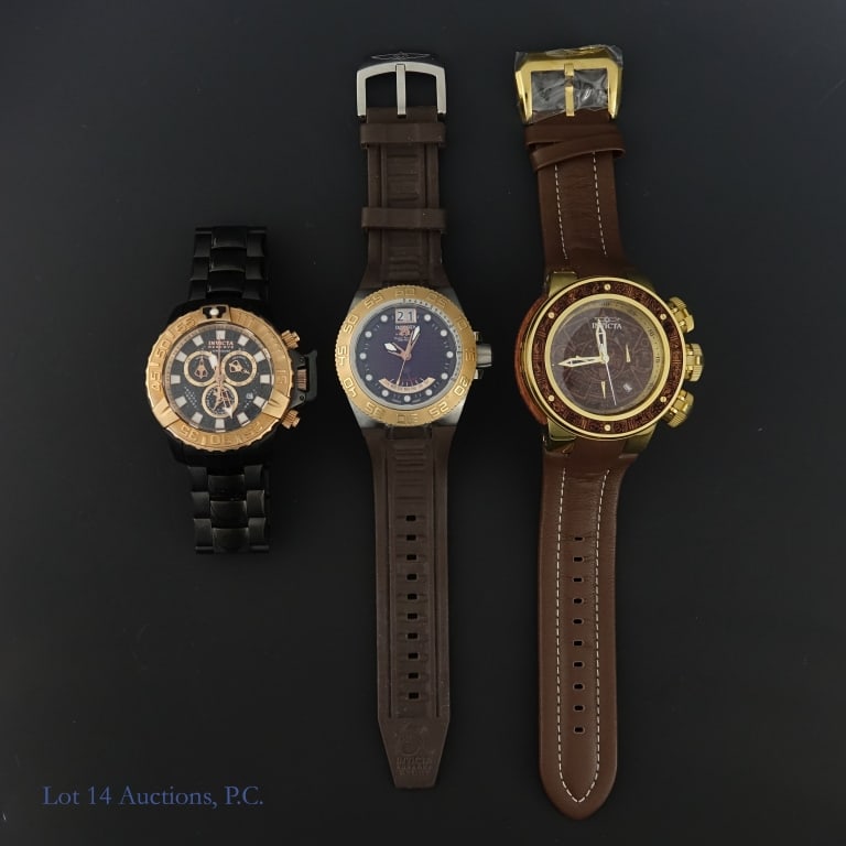 Invicta Subaqua Watches (3): Invicta brand Subaqua "Best Under Pressure" watches in new or very lightly used condition. The first is a model no. 24434. The second is a model no. 10881 in brown and chrome. The third is a Noma II m