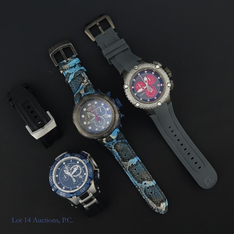 Invicta Subaqua Watches (3): Invicta brand Subaqua "Best Under Pressure" watches in new or very lightly used condition. The first is a model no. 24446 in red and gray. The second is a model no. 12881 in blue and gray. The third i