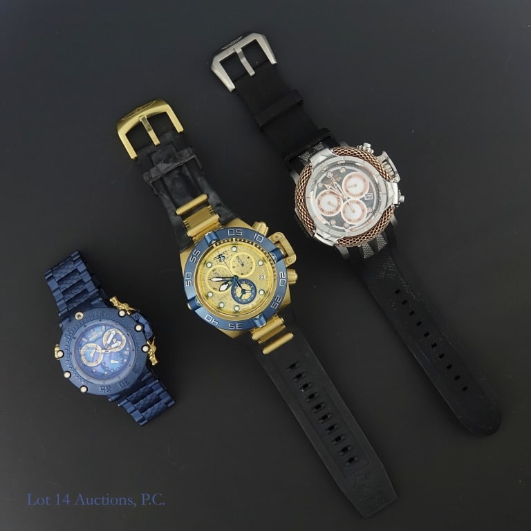 Invicta Subaqua Watches (3): Invicta brand Subaqua "Best Under Pressure" watches in new or very lightly used condition. The first is a model no. 32678. The second is a Noma IV model no. 16983. The third is a Blue Label model no.