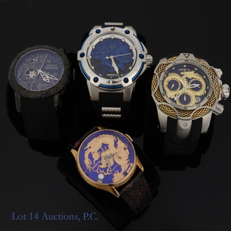 Invicta Dragon Watches (4): Four Invicta brand watches with a dragon theme, all new or lightly used. One is a model no. 25778, one is an Invicta Venom model no. 32777, one is a model no. 25081, and one is a model no. 22467.