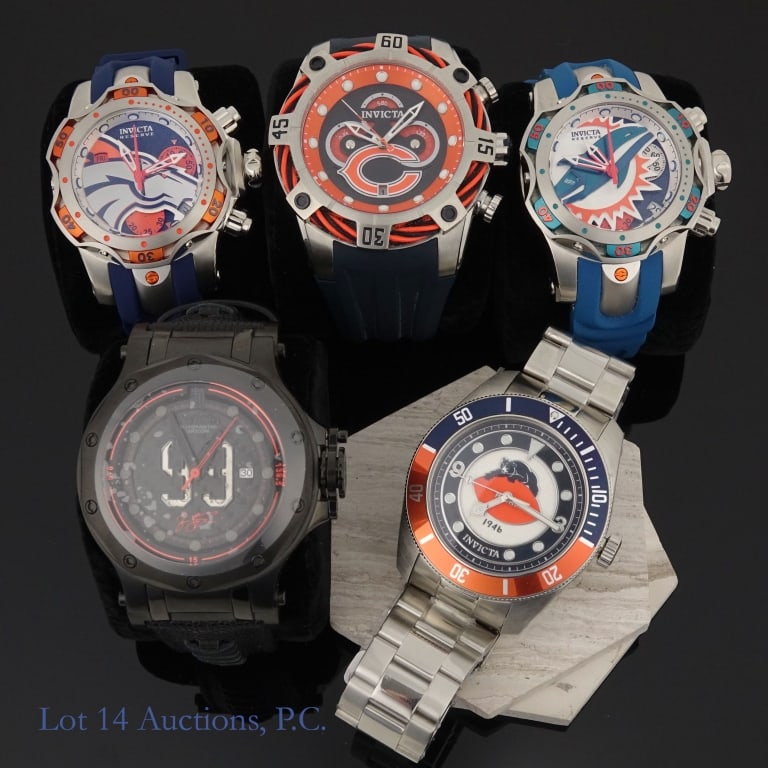 Invicta Special Edition NFL Football Watches (5): Five new or lightly used watches from Invicta themed around different teams and players from the National Football League. The first is Miami Dolphins themed, Venom model no. 33092. The second is a Ha