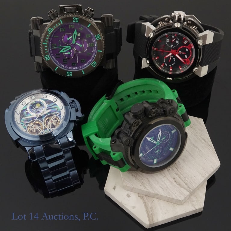 Invicta Coalition Forces Watches (4): Four new or lightly used watches from Invicta's Coalition Forces Field Tested line. The first is a model no.18729 in purple, green, and black. The second is a model no. 11682 in green and black. The t