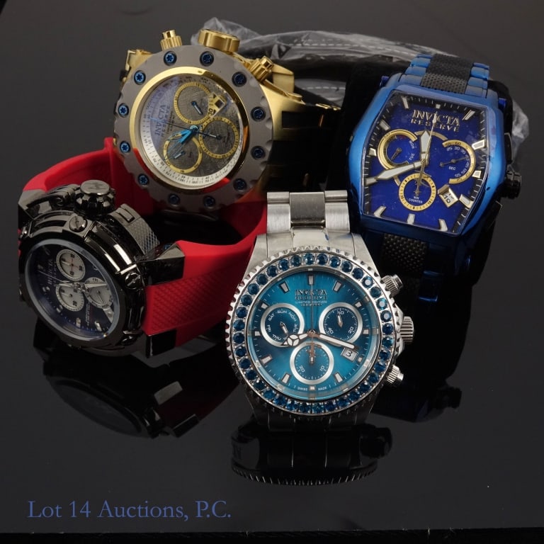 Invicta Ltd Ed Reserve Watches (4): Four new or lightly worn watches from Invicta's Reserve collections. The first is a model no. 18726 in red and black, ltd ed 0404/1300. The second is a model no. 14447 in blue and chrome, ltd ed 388/9