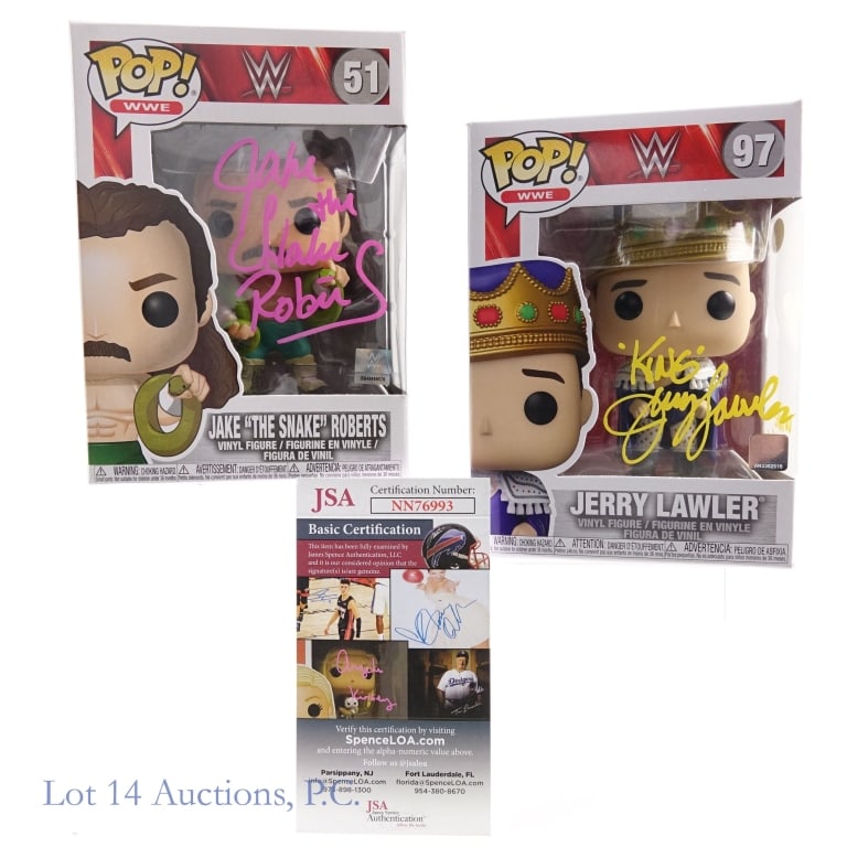 WWE Jerry Lawler Jake Roberts Signed Funko Pops, JSA: Two (2) Funko Pop figurines. Both are signed. WWE Funko Pop 97 Jerry Lawler. Signed on front and inscribed "King" - inscribed "WWE HOF 07" on the side. JSA sticker (NN76993) & card. We have confirmed 