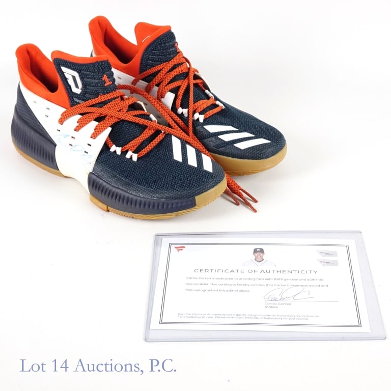 Carlos Correa Game Used Signed Shoes (Fanatics): Pair of game used Adidas mi Icon Bounce baseball turf shoes in blue, white, and orange. Both shoes are signed on the side by Houston Astros shortstop Carlos Correa. Includes Fanatics COA which appears