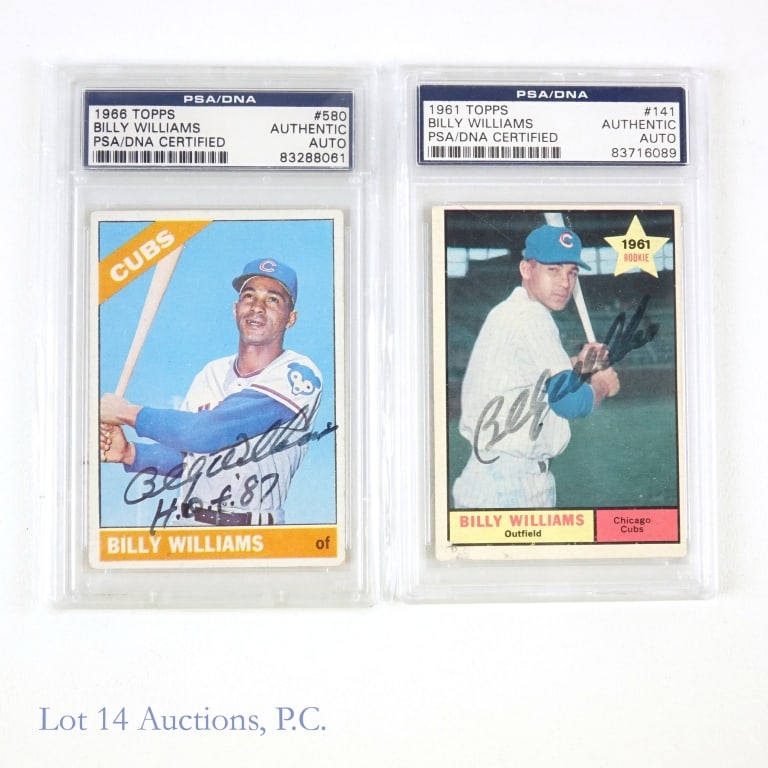 Billy Williams Cubs Topps Signed Cards (2), PSA, Rookie Card: 2 Billy Williams Chicago Cubs Topps PSA / DNA certified signed baseball cards. Includes rookie card, 1966 Topps #580 PSA COA: #83288061. 1961 Topps #141 PSA COA: #83716089.
