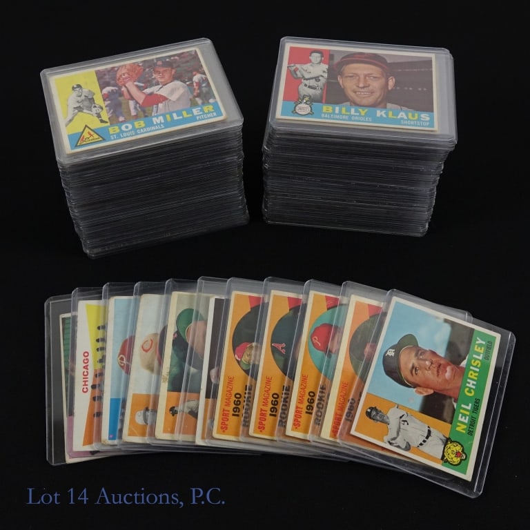 1960 Topps Baseball Cards (Approximately 90): We have approximately 90 Topps baseball cards from 1960. Looking through the cards we saw a large number of commons as well as some minor stars in the collection. All cards exhibit some degree of wear