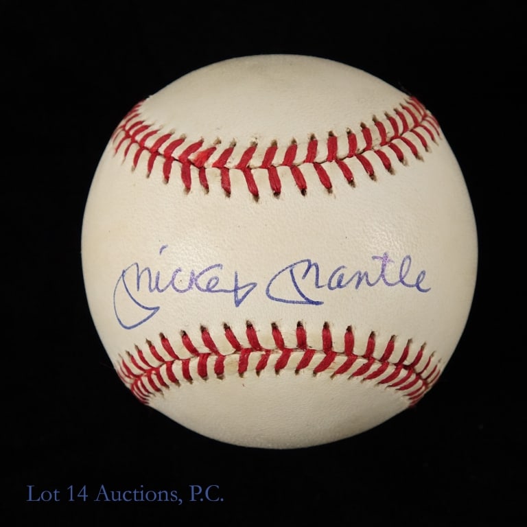 Mickey Mantle Signed Baseball: Official American League (Bobby Brown) baseball with a Mickey Mantle signature. The signature was signed with a blue pen and sits across the sweet spot of this vintage baseball. The baseball does have