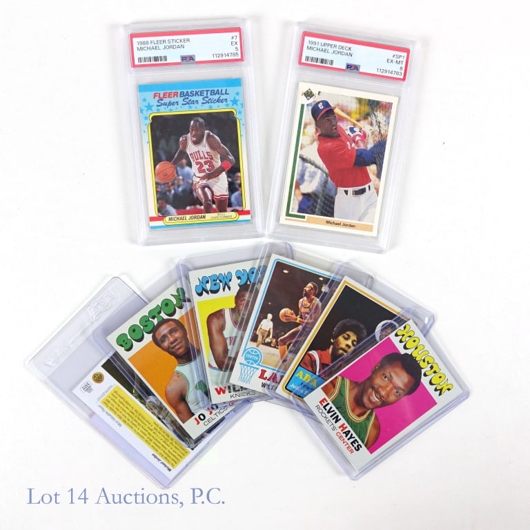 Basketball Cards (2 graded): 1988 Fleer Michael Jordan sticker #7. Graded PSA EX 5. PSA# 112914785 ***** 1991 Upper Deck Michael Jordan baseball card #SP1. Graded by PSA as EX-MT 6. PSA# 112914783 ***** 1971-72 Topps NBA basketba