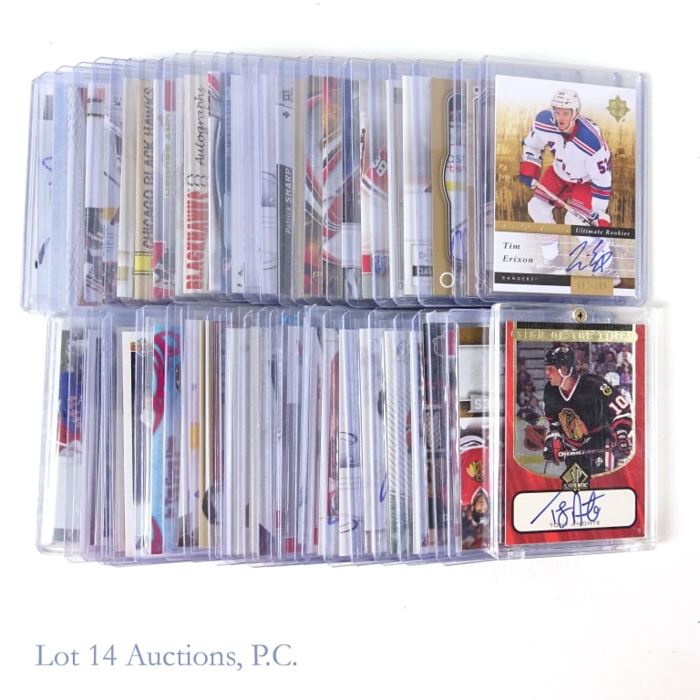 Signed Hockey Cards (51): 51 signed hockey cards and some business cards primarily from former Chicago Blackhawk players. Among the players in this lot are Steve Carlson of Slap Shot fame, Brian Campbell, Antti Niemi (3), Patr