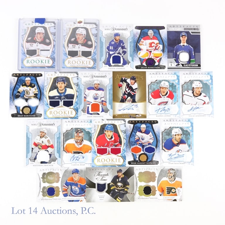 2023-24 Upper Deck Artifacts Hockey Cards (19), Jersey & Auto Cards: Lot includes 19 different 2023-24 Upper Deck Artifacts Hockey Cards. All cards feature either a piece of jersey, a piece of patch or an autograph.