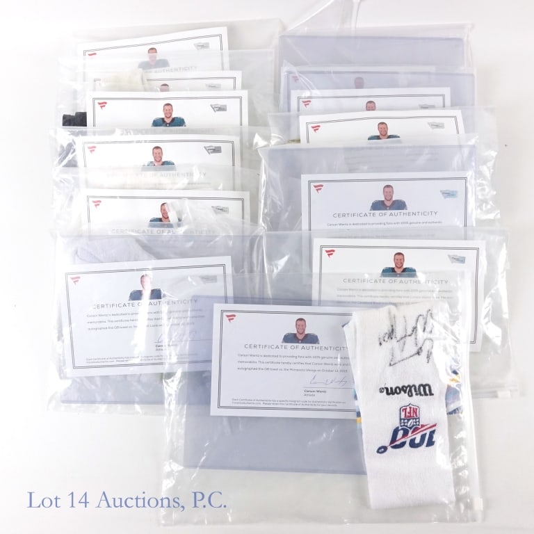 Carson Wentz Game Worn Collection (Fanatics): 11 Carson Wentz, quarterback of the Philadelphia Eagles, game worn pieces - some signed - all with accompanying Fanatics COAs which appear to also be signed by Carson Wentz. We have confirmed all numb