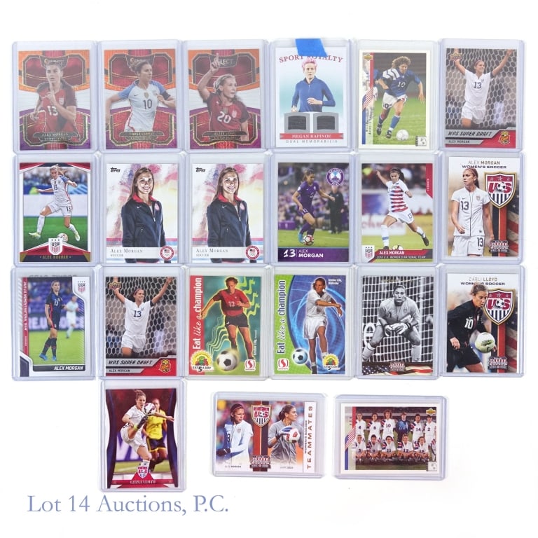 21 Women's Soccer Cards With Prizms: 21 soccer cards of former women's soccer players. The key cards in this group are Dual Memorabilia card from Megan Rapinoe, and prizm cards of Allie Long, Carli Lloyd, and Alex Morgan. Additional card