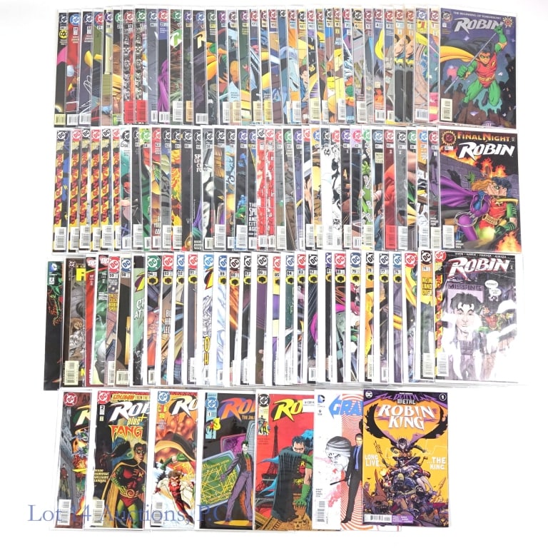 Robin Comics, Long Run, DC (+90): Robin Comics, Long Run, DC (+90). Collection of Robin and Robin adjacent comics including a long run (#0-95) of the 1993 series of Robin. Key Issues include: #0 - Nightwing takes up the mantle of Batm